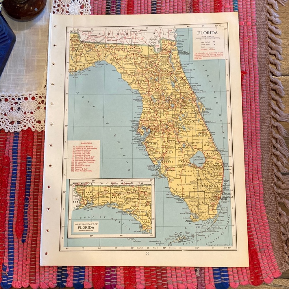 1949 Florida/Georgia Map Ready to Frame 9 1/4” x 12 1/4” with Railroad Lines